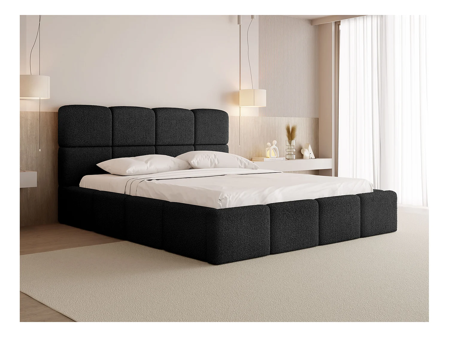 Lit Rembourré 120x200 Lit Coffre avec Rangement – Lit Capitonné Noir en Tissu Bouclette – Lit Double Moderne avec Tête de Lit – Lit Adulte – Tivio – Noir