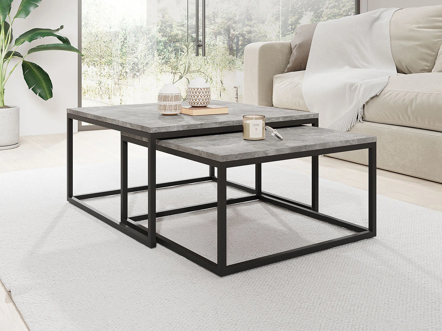 Rechteckige Quadratische Satztische Couchtische mit Schwarz Gestell - Loft Style Couchtische Metallbeine - 2 in 1 - Getrennte Tische für Wohnzimmer - Grauer Beton