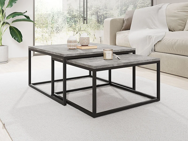 Rechteckige Quadratische Satztische Couchtische mit Schwarz Gestell - Loft Style Couchtische Metallbeine - 2 in 1 - Getrennte Tische für Wohnzimmer - Grauer Beton