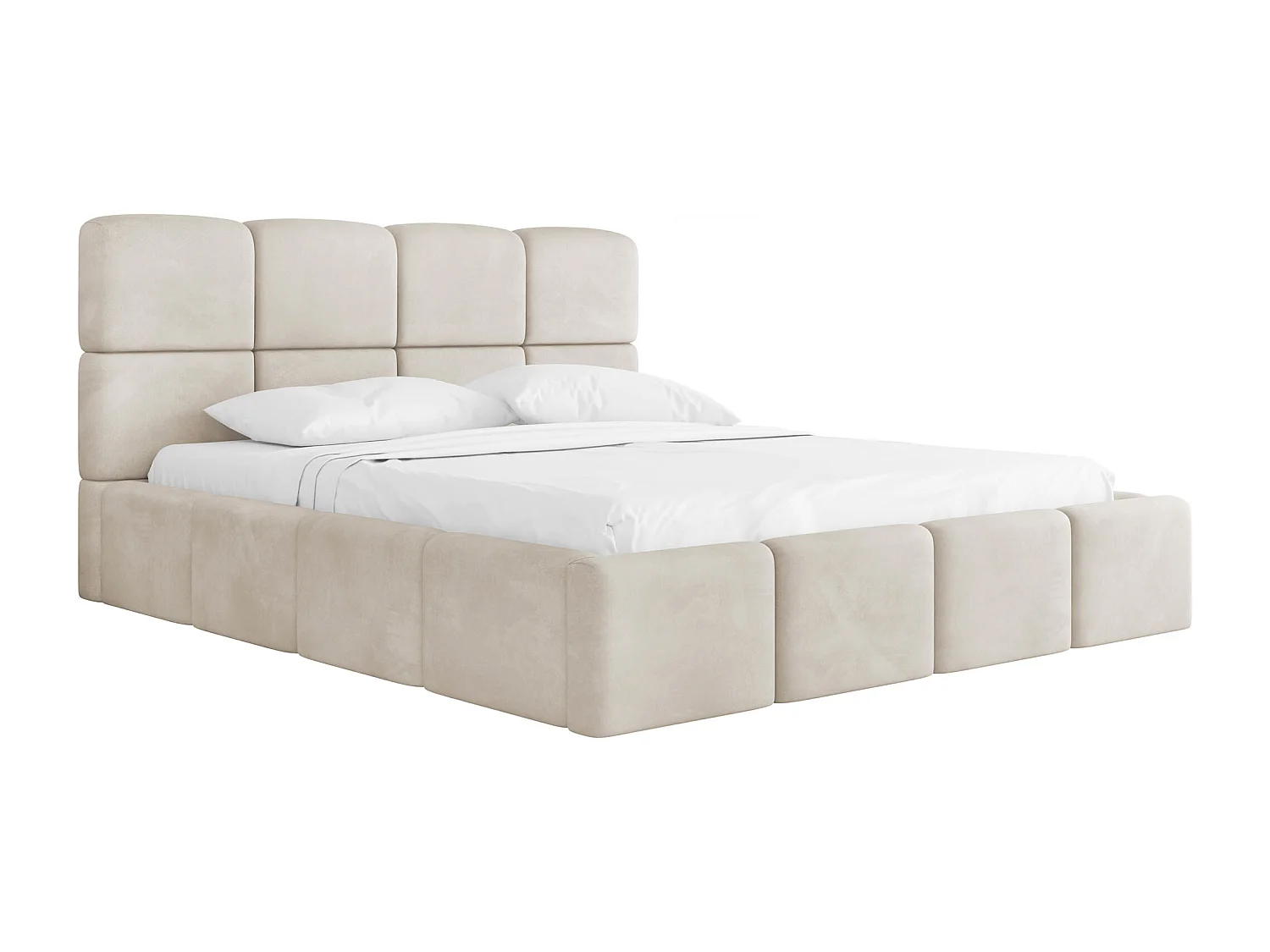 Polsterbett 200x200 mit Bettkasten und Lattenrost – Hohes Kopfteil, Boucle oder Samt Weiß – Modernes Doppelbett – Bettgestell, ohne Matratze – Tivio – Creme