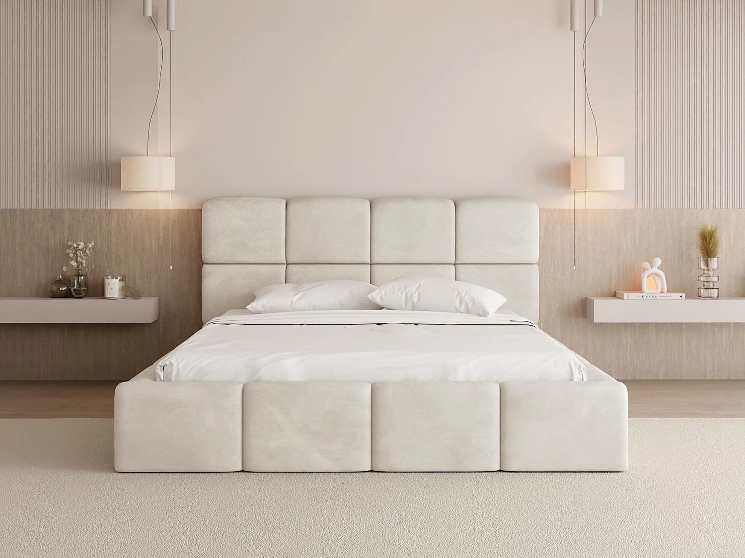 Polsterbett 200x200 mit Bettkasten und Lattenrost – Hohes Kopfteil, Boucle oder Samt Weiß – Modernes Doppelbett – Bettgestell, ohne Matratze – Tivio – Creme