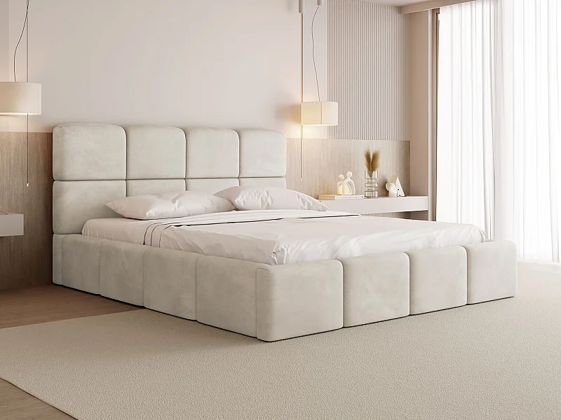 Polsterbett 200x200 mit Bettkasten und Lattenrost – Hohes Kopfteil, Boucle oder Samt Weiß – Modernes Doppelbett – Bettgestell, ohne Matratze – Tivio – Creme