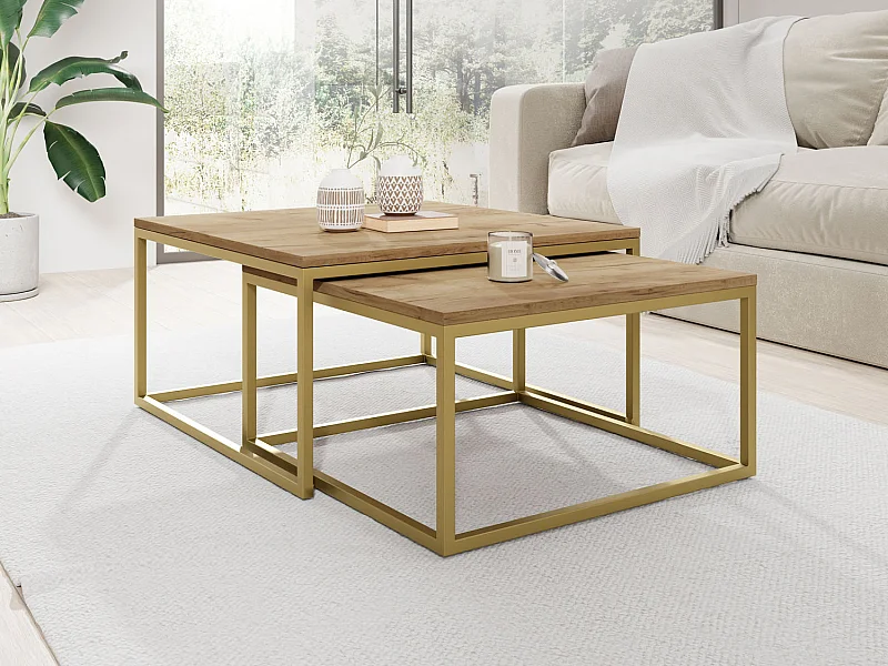 Rechteckige Quadratische Satztische Couchtische mit Gold Gestell - Loft Style Couchtische Metallbeine - 2 in 1 - Zwei Getrennte Tische für Wohnzimmer - Craft Eiche