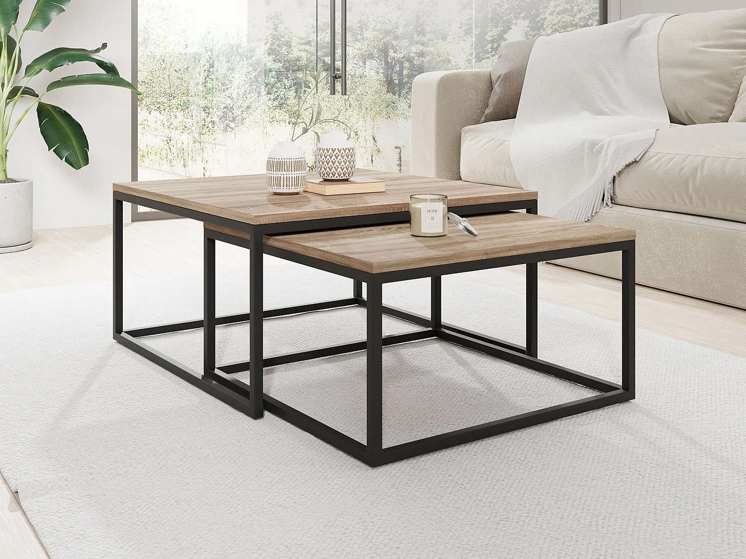 Rechteckige Quadratische Satztische Couchtische mit Schwarz Gestell - Loft Couchtische Metallbeine - 2 in 1 - Zwei Getrennte Tische für Wohnzimmer - Sonoma Eiche