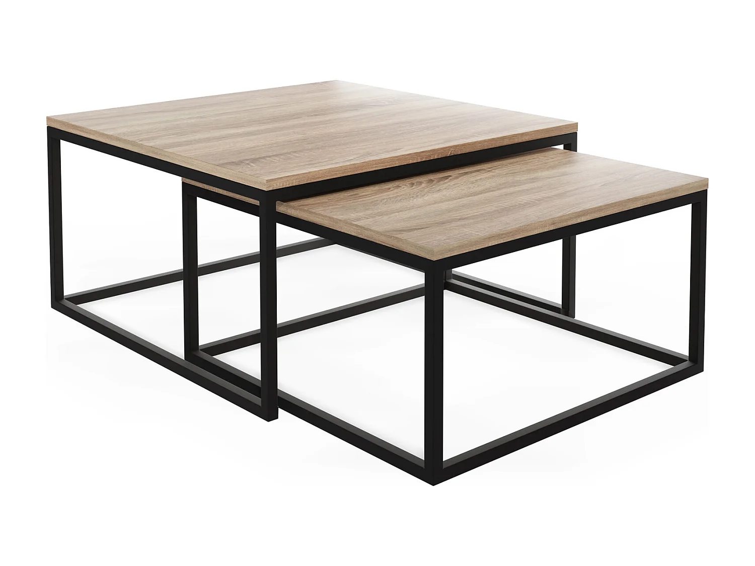 Rechteckige Quadratische Satztische Couchtische mit Schwarz Gestell - Loft Couchtische Metallbeine - 2 in 1 - Zwei Getrennte Tische für Wohnzimmer - Sonoma Eiche