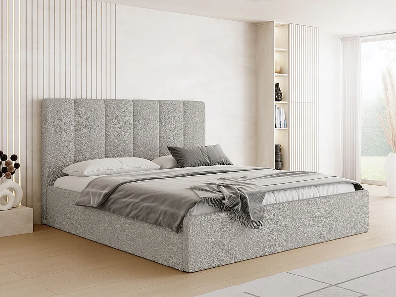 Polsterbett 200x200 mit Bettkasten, Lattenrost – hohe Kopfteil, Boucle Stoff – Modernes Doppelbett mit Stauraum – Bettgestell, ohne Matratze – Amira Slim – Grau
