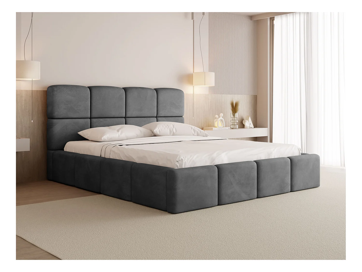 Lit Rembourré 180x200 Lit Coffre avec Rangement – Lit Capitonné en Tissu Velours Gris – Lit Double Moderne avec Tête de Lit – Lit Adulte – Tivio – Gris