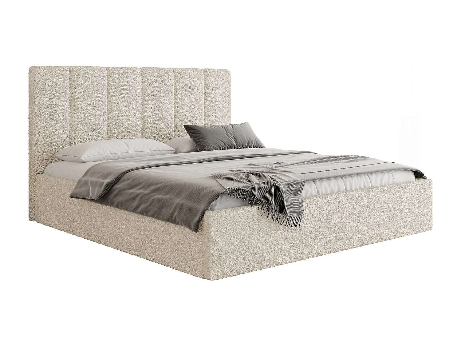 Lit capitonné 160x200 Crème Bouclé avec coffre – Cadre de lit moderne avec rangement – Amira Slim