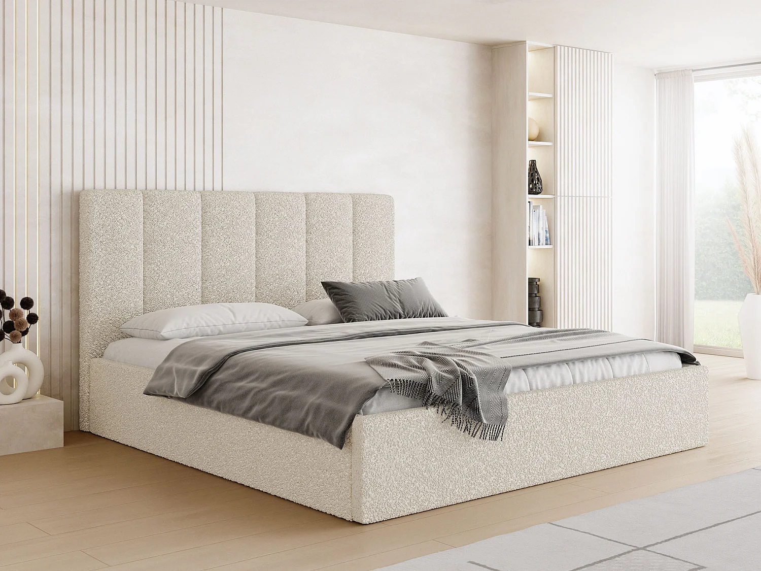 Lit capitonné 160x200 Crème Bouclé avec coffre – Cadre de lit moderne avec rangement – Amira Slim