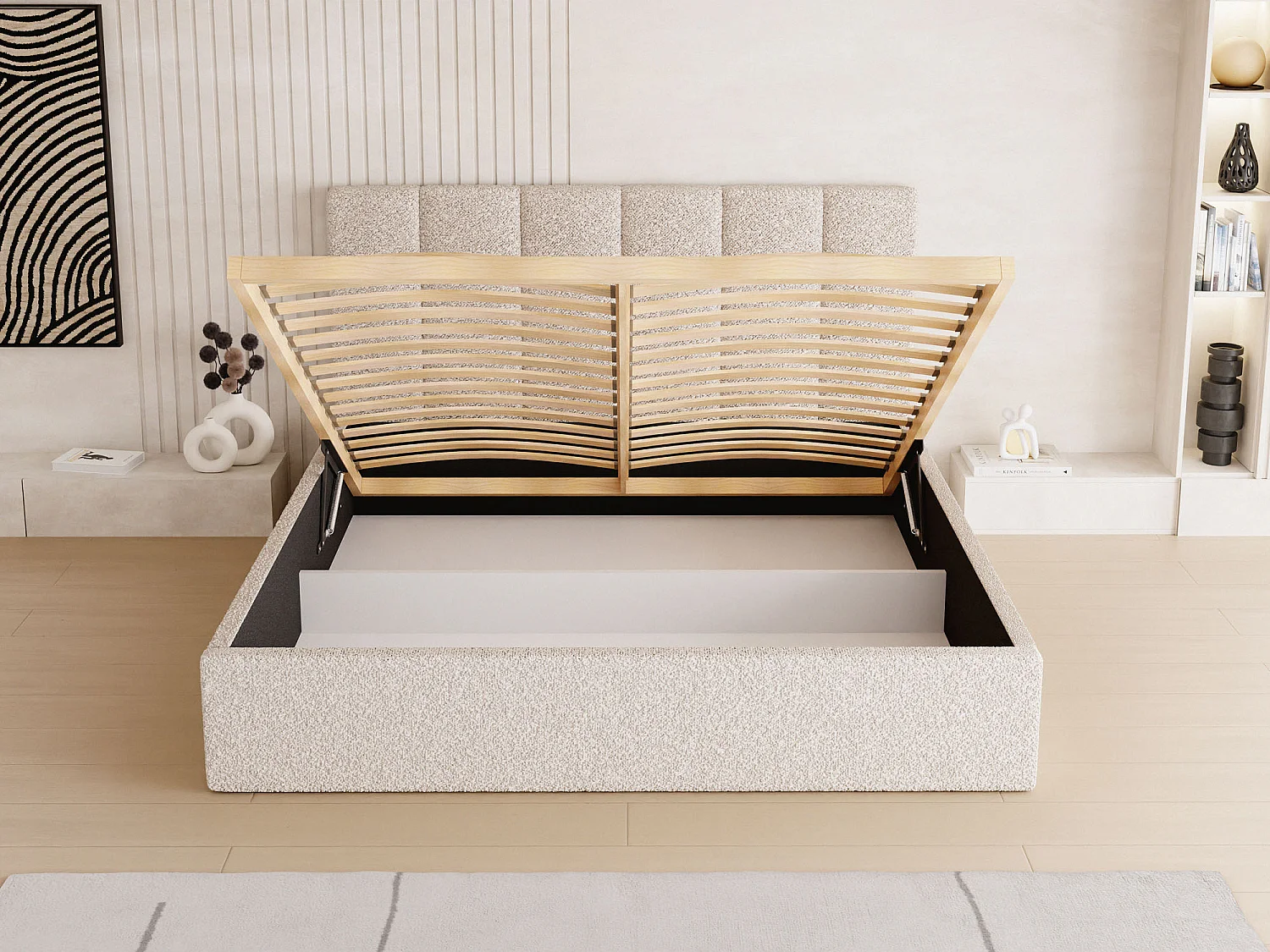 Lit capitonné 160x200 Crème Bouclé avec coffre – Cadre de lit moderne avec rangement – Amira Slim