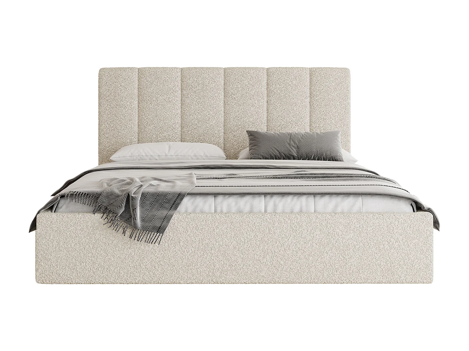 Lit capitonné 160x200 Crème Bouclé avec coffre – Cadre de lit moderne avec rangement – Amira Slim
