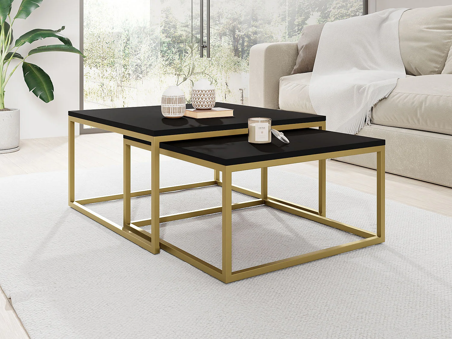 Rechteckige Quadratische Satztische Couchtische mit Gold Gestell - Loft Style Couchtische Metallbeine - 2 in 1 - Zwei Getrennte Tische für Wohnzimmer - Schwarz