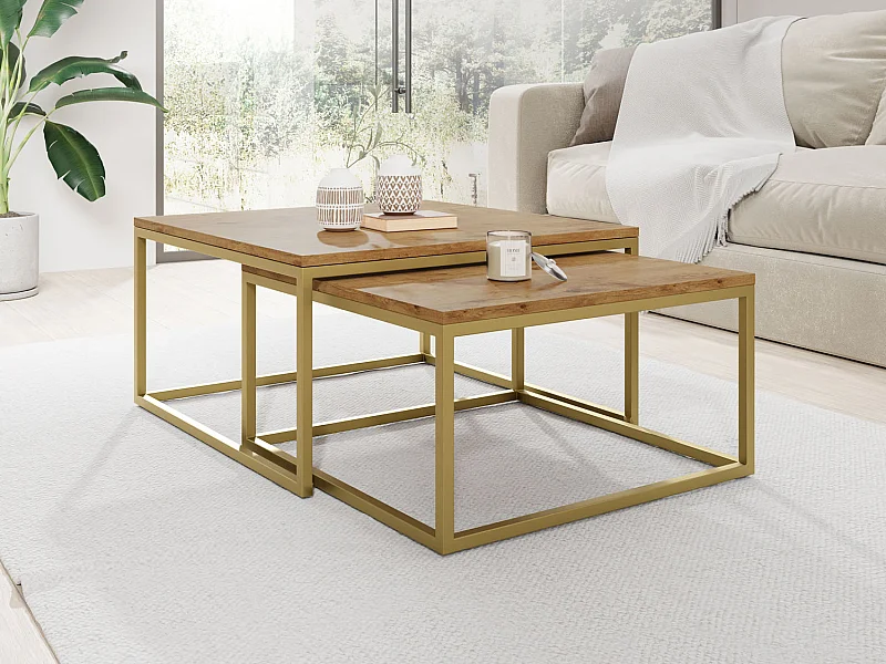 Rechteckige Quadratische Satztische Couchtische mit Gold Gestell - Loft Couchtische Metallbeine - 2 in 1 - Zwei Getrennte Tische für Wohnzimmer - Lancelot Eiche