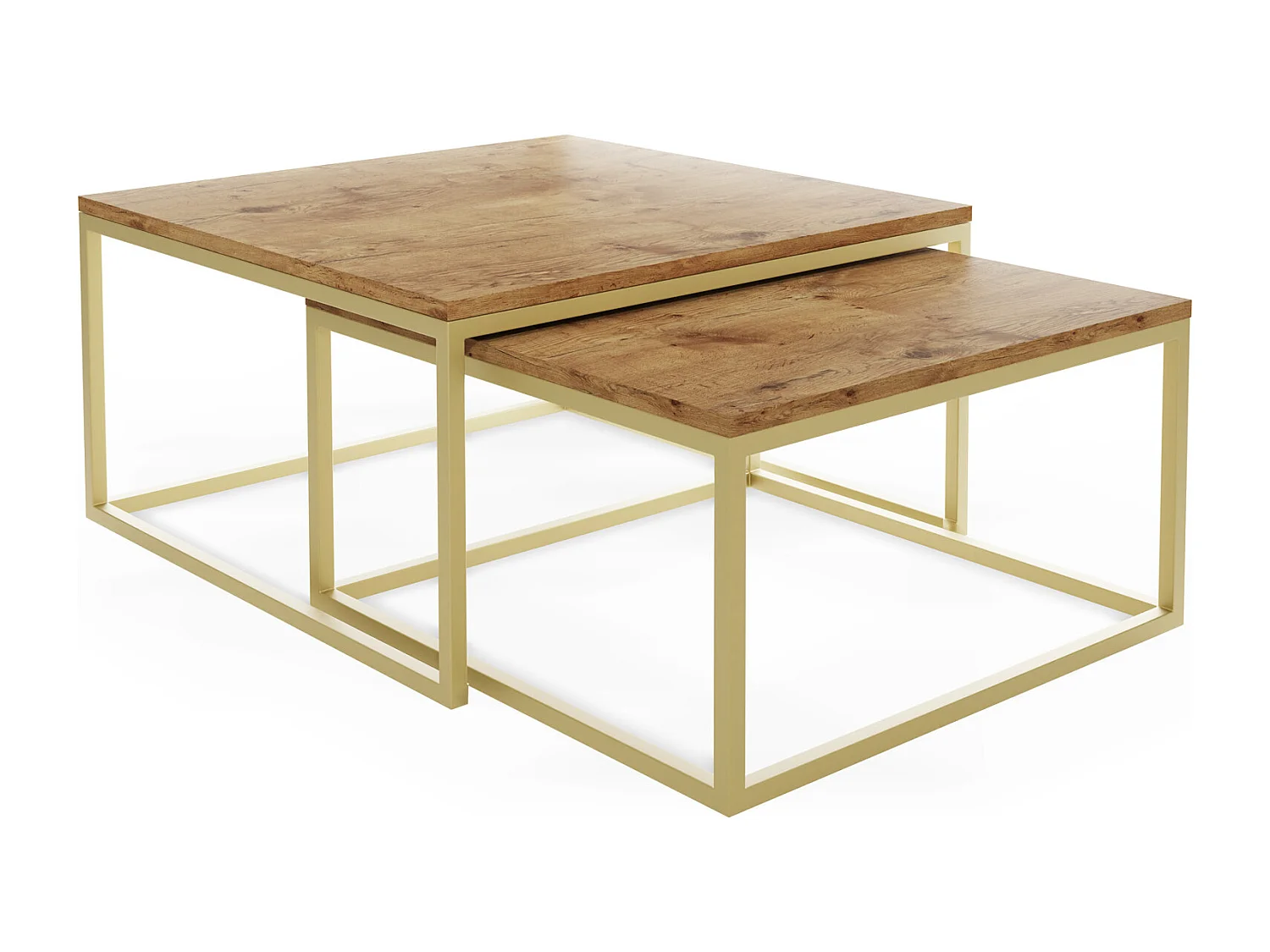 Rechteckige Quadratische Satztische Couchtische mit Gold Gestell - Loft Couchtische Metallbeine - 2 in 1 - Zwei Getrennte Tische für Wohnzimmer - Lancelot Eiche