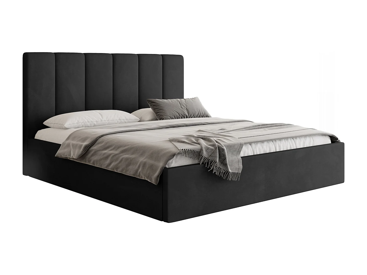 Polsterbett 160x200 mit Bettkasten, Lattenrost – hohe Kopfteil, Samt Stoff – Modernes Doppelbett mit Stauraum – Bettgestell, ohne Matratze – Amira Slim – Schwarz