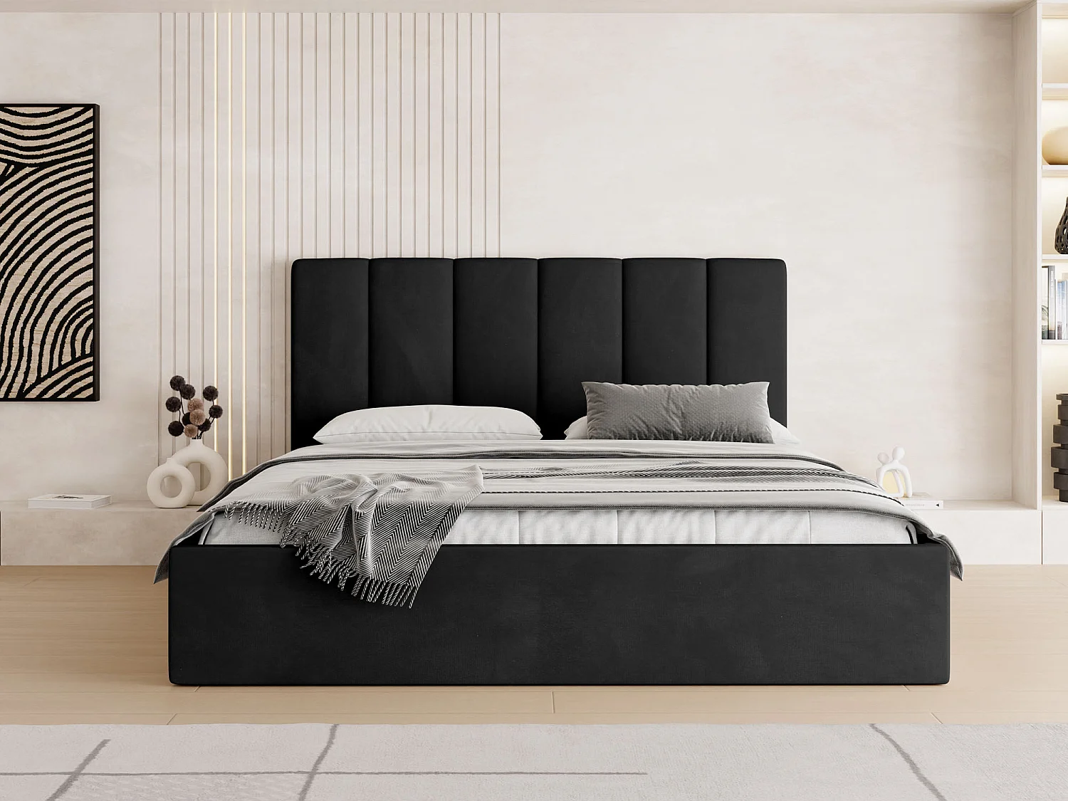 Polsterbett 160x200 mit Bettkasten, Lattenrost – hohe Kopfteil, Samt Stoff – Modernes Doppelbett mit Stauraum – Bettgestell, ohne Matratze – Amira Slim – Schwarz