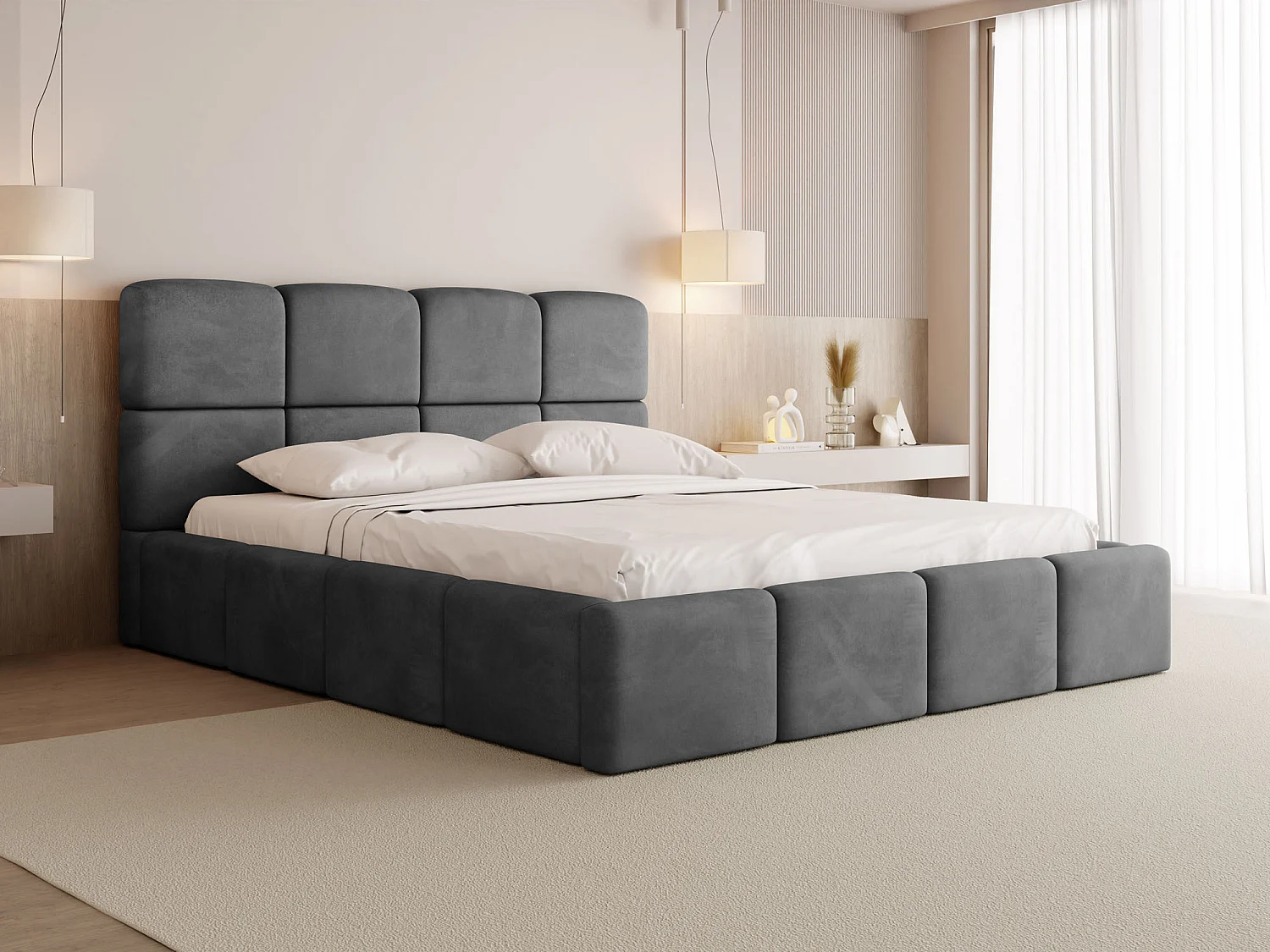 Polsterbett 140x200 mit Bettkasten und Lattenrost – Hohes Kopfteil, Boucle oder Samt Stoff – Modernes Doppelbett – Bettgestell, ohne Matratze – Tivio – Grau