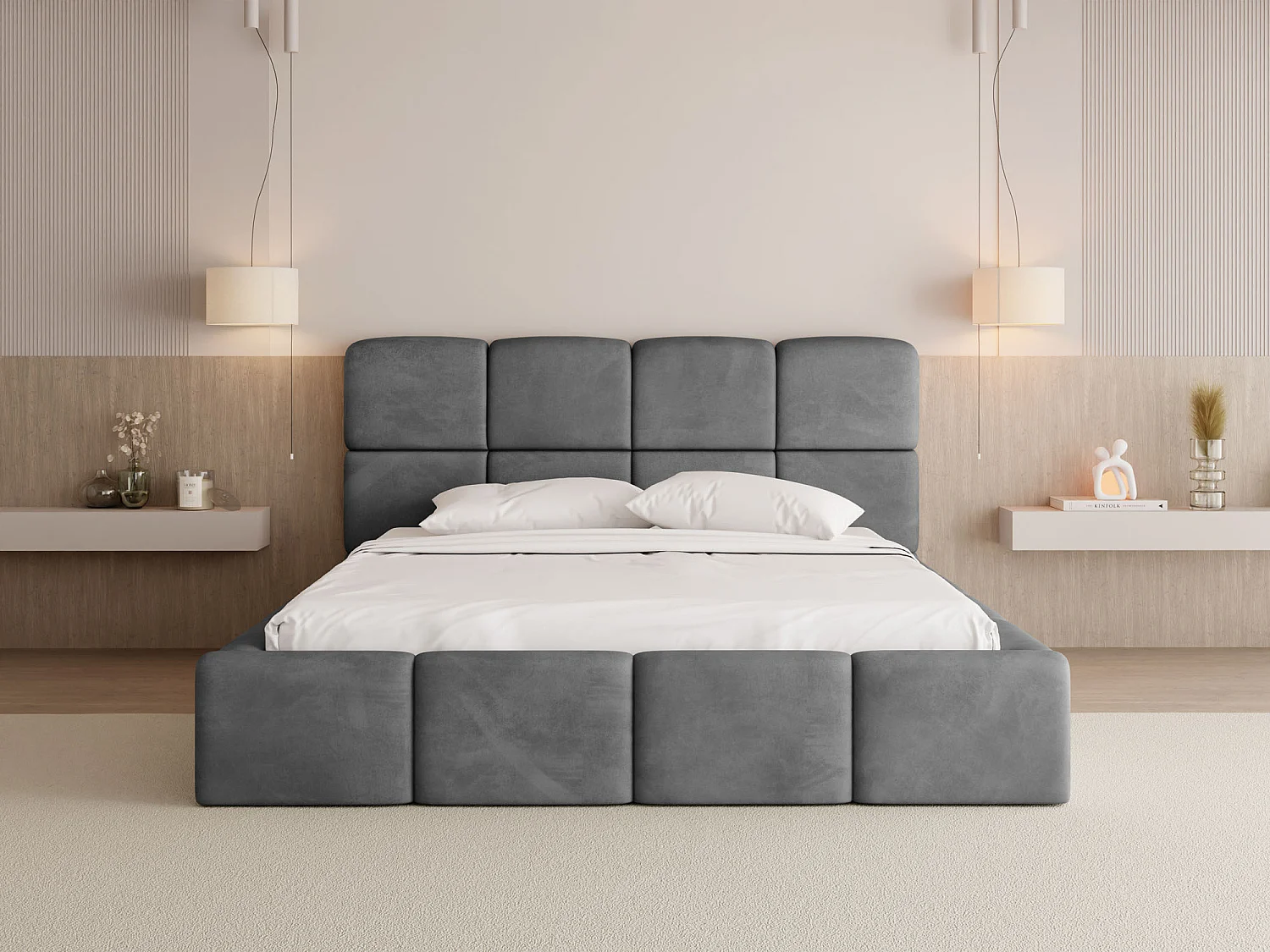 Polsterbett 140x200 mit Bettkasten und Lattenrost – Hohes Kopfteil, Boucle oder Samt Stoff – Modernes Doppelbett – Bettgestell, ohne Matratze – Tivio – Grau