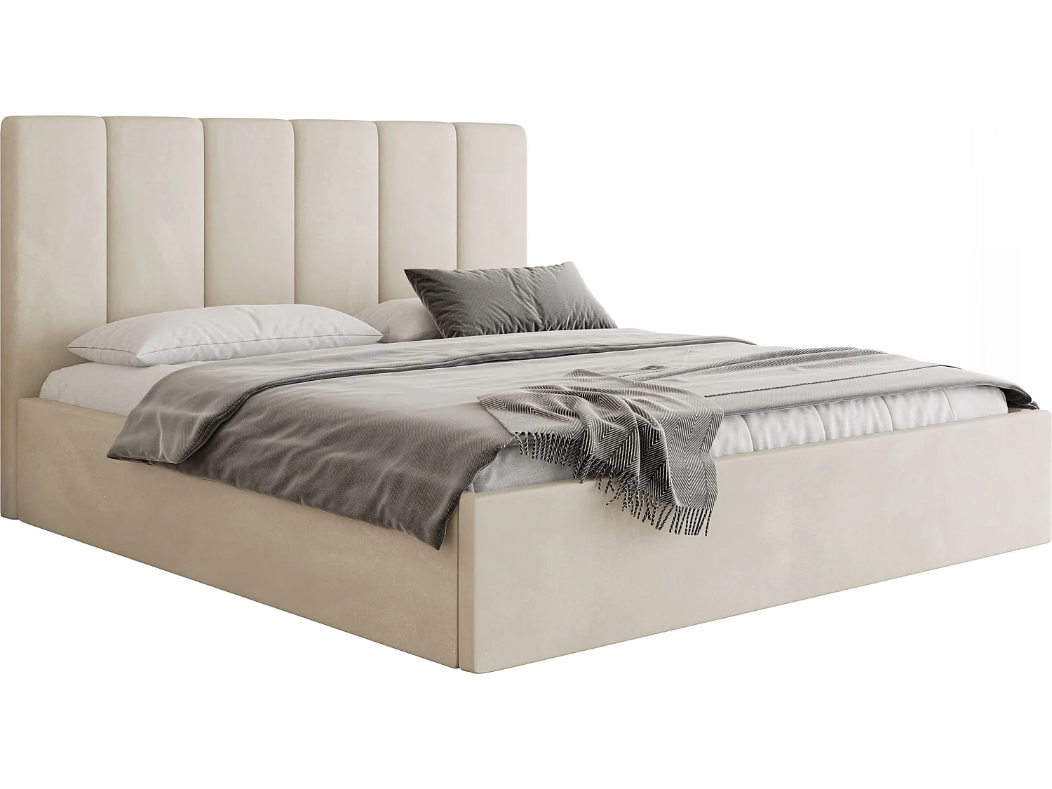 Polsterbett 200x200 mit Bettkasten, Lattenrost – hohe Kopfteil, Samt Stoff – Modernes Doppelbett mit Stauraum – Bettgestell, ohne Matratze – Amira Slim – Creme