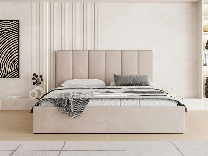Lit capitonné 200x200 Beige Velours avec coffre – Cadre de lit moderne avec rangement – Amira Slim