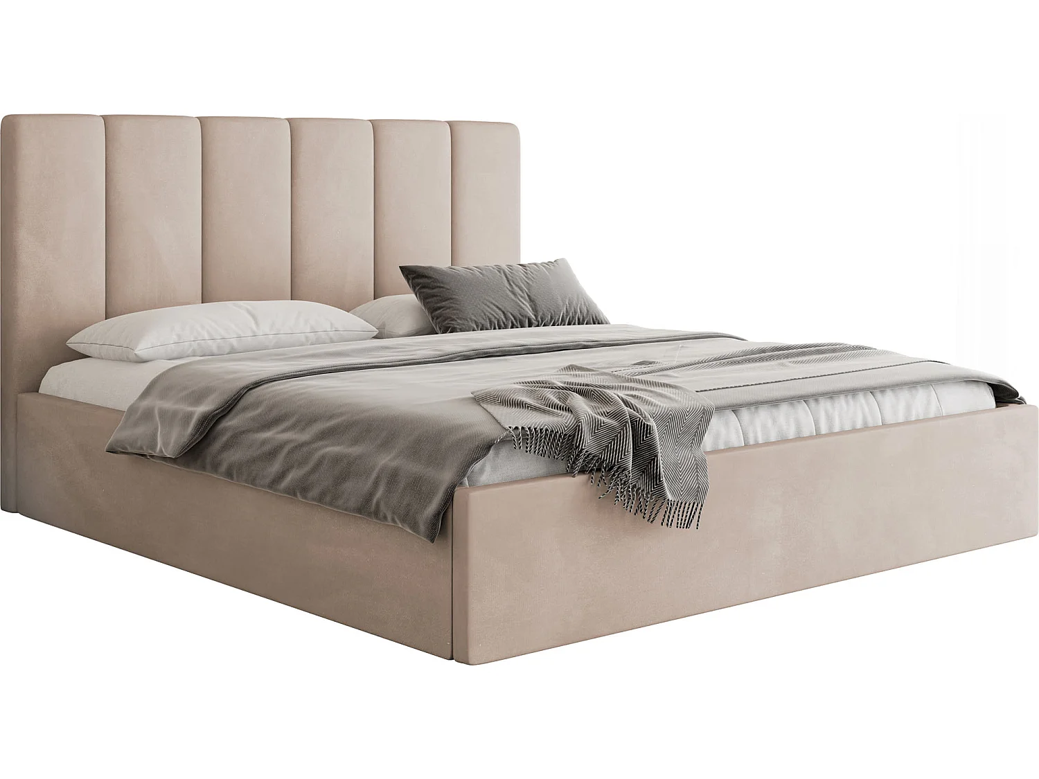 Polsterbett 200x200 mit Bettkasten, Lattenrost – hohe Kopfteil, Samt Stoff – Modernes Doppelbett mit Stauraum – Bettgestell, ohne Matratze – Amira Slim – Beige