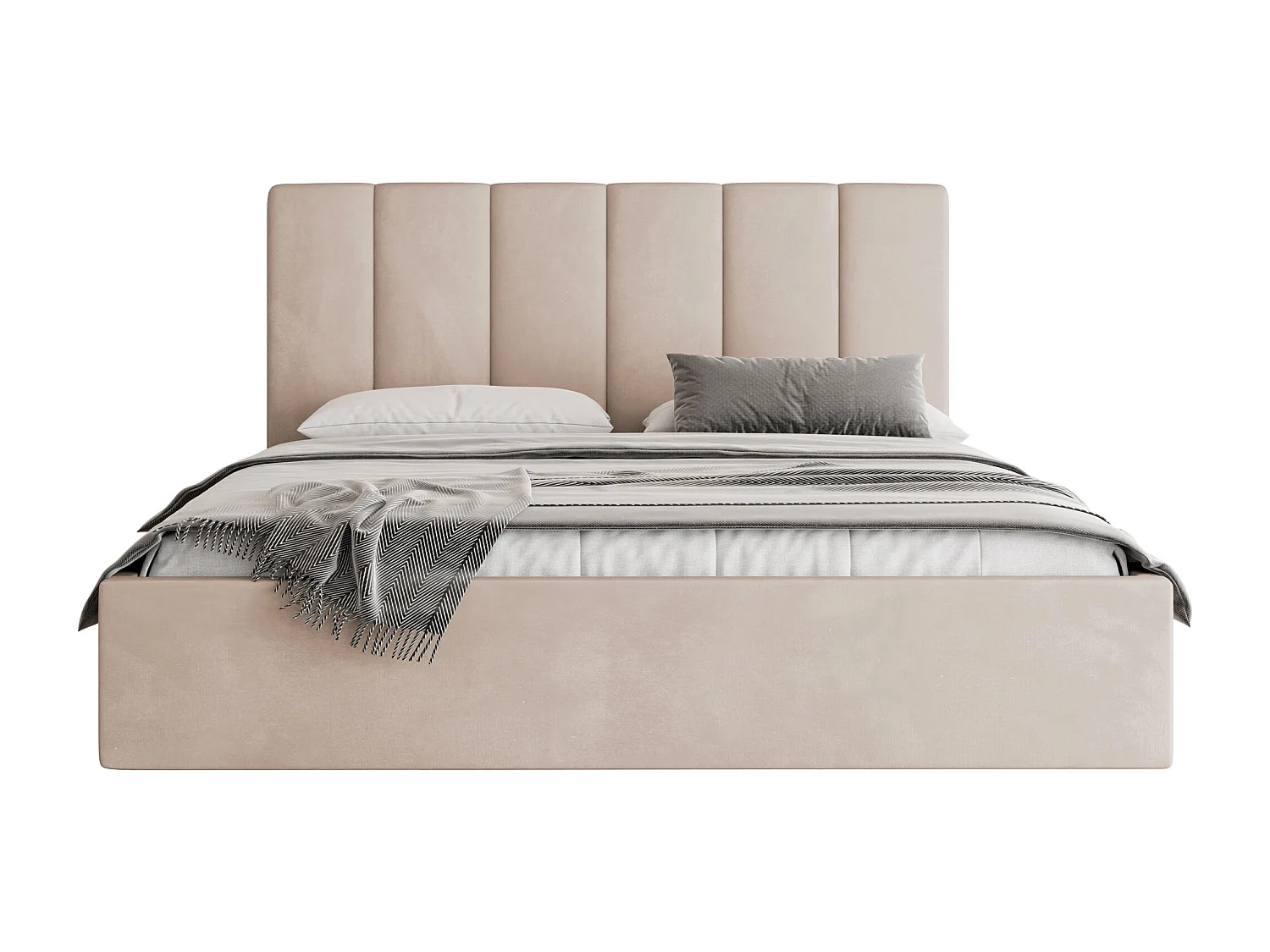 Polsterbett 200x200 mit Bettkasten, Lattenrost – hohe Kopfteil, Samt Stoff – Modernes Doppelbett mit Stauraum – Bettgestell, ohne Matratze – Amira Slim – Beige