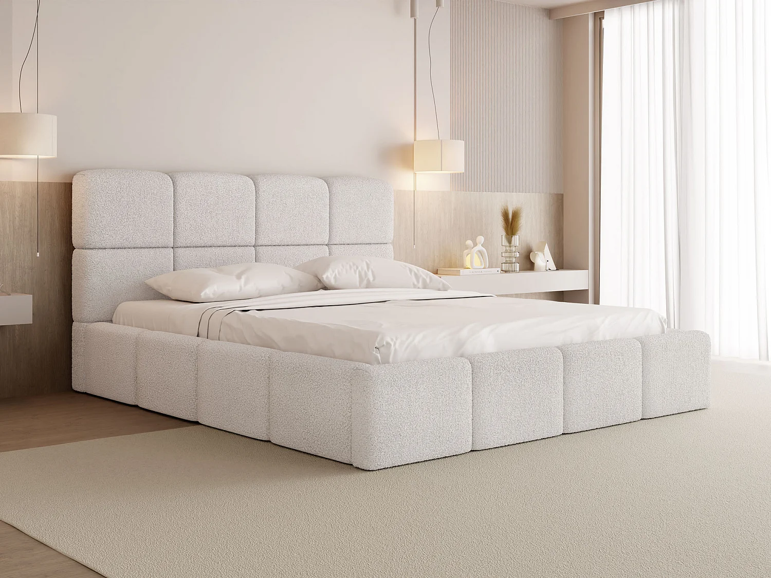 Polsterbett 120x200 mit Bettkasten und Lattenrost – Hohes Kopfteil, Boucle oder Samt Weiß – Modernes Doppelbett – Bettgestell, ohne Matratze – Tivio – Creme