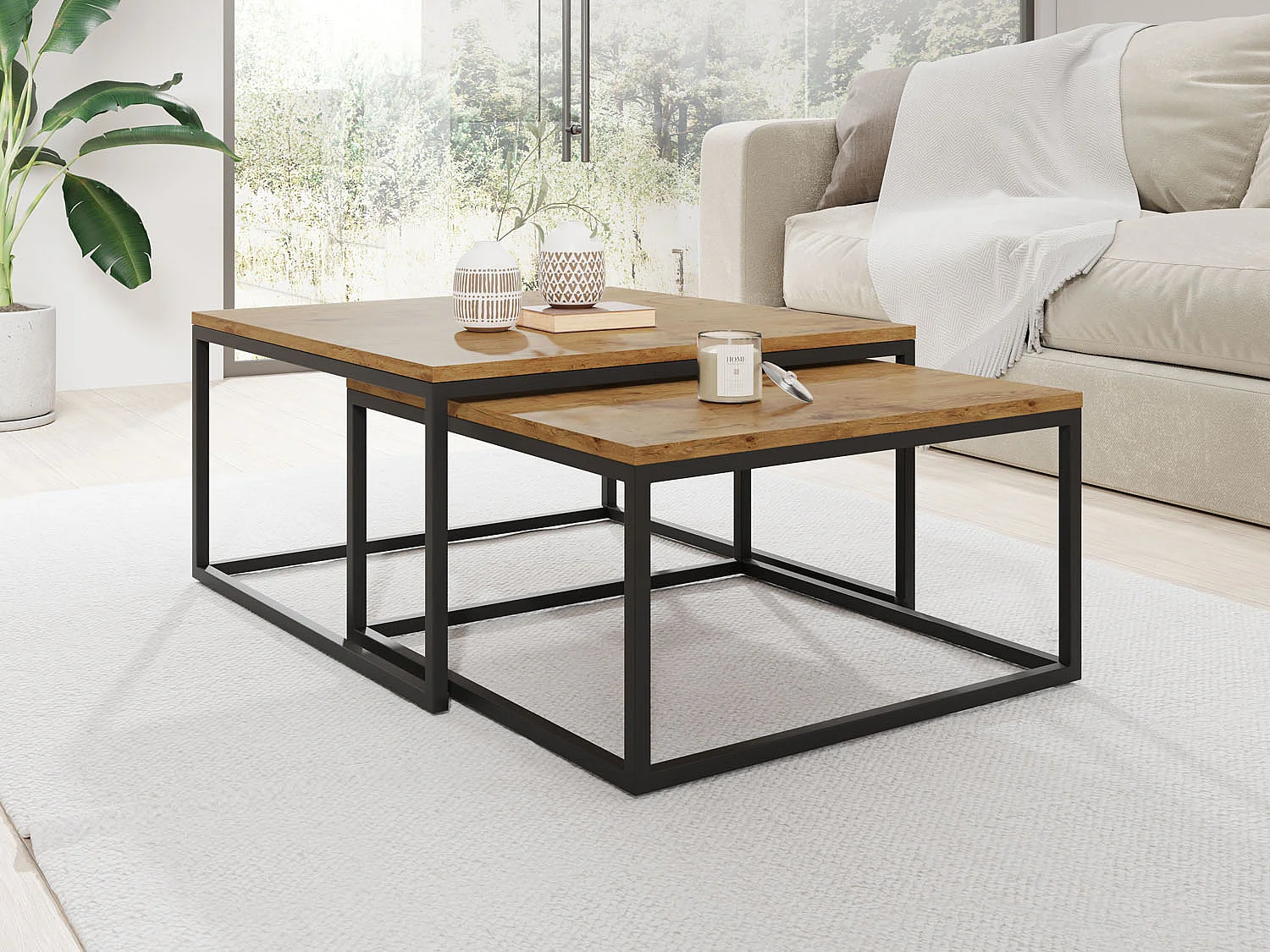 Rechteckige Quadratische Satztische Couchtische mit Schwarz Gestell - Loft Couchtische Metallbeine - 2in1 - Zwei Getrennte Tische für Wohnzimmer - Lancelot Eiche