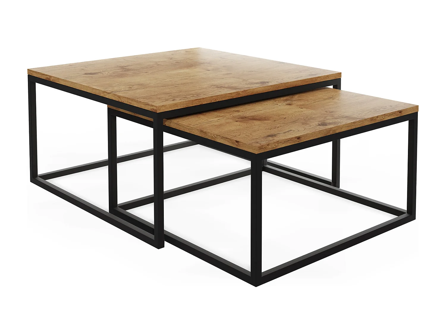 Rechteckige Quadratische Satztische Couchtische mit Schwarz Gestell - Loft Couchtische Metallbeine - 2in1 - Zwei Getrennte Tische für Wohnzimmer - Lancelot Eiche