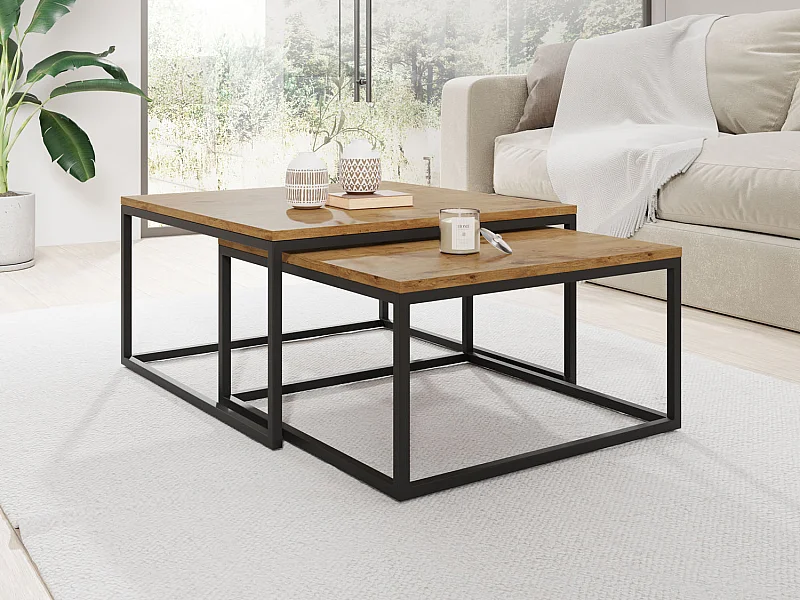 Rechteckige Quadratische Satztische Couchtische mit Schwarz Gestell - Loft Couchtische Metallbeine - 2in1 - Zwei Getrennte Tische für Wohnzimmer - Lancelot Eiche