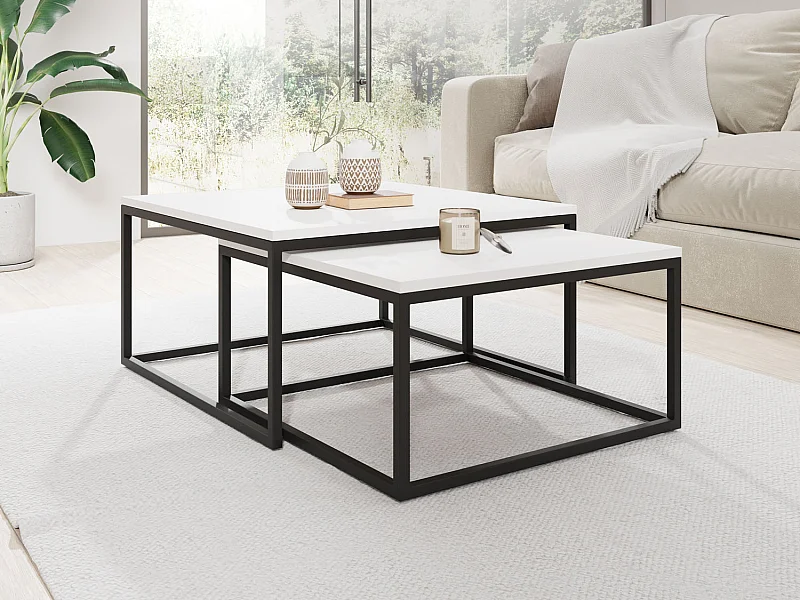 Rechteckige Quadratische Satztische Couchtische mit Schwarz Gestell - Loft Style Couchtische Metallbeine - 2 in 1 - Zwei Getrennte Tische für Wohnzimmer - Weiß