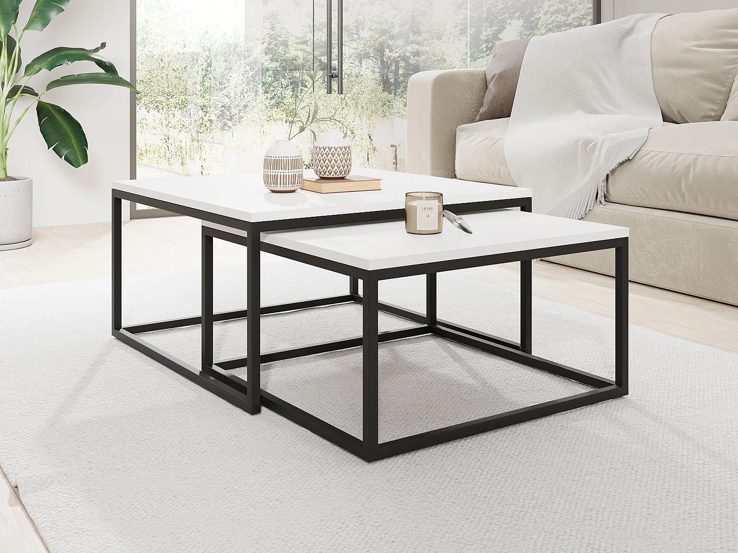 Rechteckige Quadratische Satztische Couchtische mit Schwarz Gestell - Loft Style Couchtische Metallbeine - 2 in 1 - Zwei Getrennte Tische für Wohnzimmer - Weiß