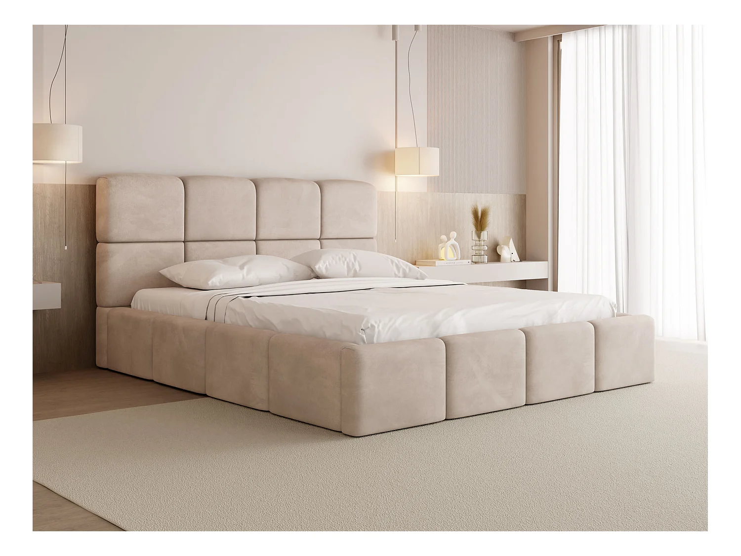 Lit Rembourré 160x200 Lit Coffre avec Rangement – Lit Capitonné Crème en Tissu Velours – Lit Double Moderne avec Tête de Lit – Lit Adulte – Tivio – Beige