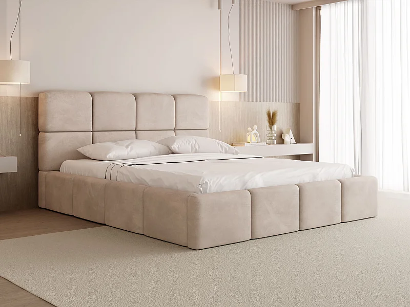 Polsterbett 160x200 mit Bettkasten und Lattenrost – Hohes Kopfteil, Boucle oder Samt Creme – Modernes Doppelbett – Bettgestell, ohne Matratze – Tivio – Beige