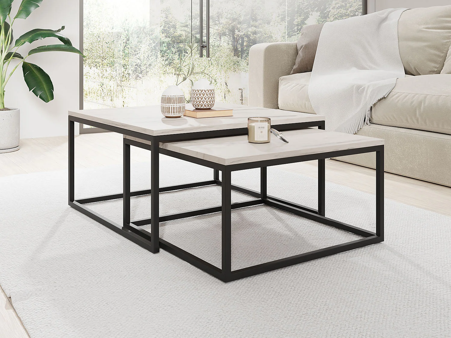 Rechteckige Quadratische Satztische Couchtische mit Schwarz Gestell - Loft Style Couchtische Metallbeine - 2in1 - Zwei Getrennte Tische für Wohnzimmer - Marmor Weiß