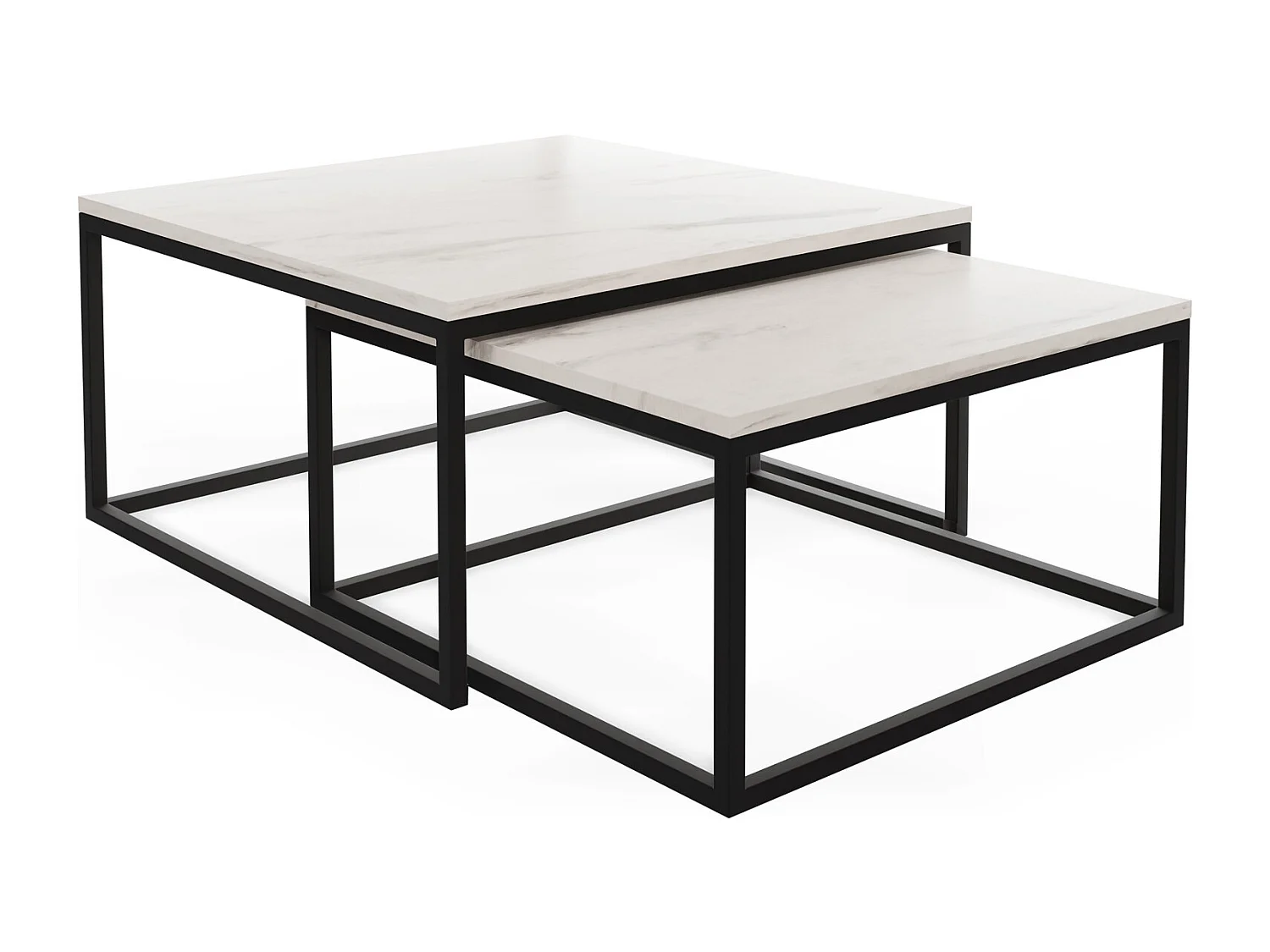Rechteckige Quadratische Satztische Couchtische mit Schwarz Gestell - Loft Style Couchtische Metallbeine - 2in1 - Zwei Getrennte Tische für Wohnzimmer - Marmor Weiß