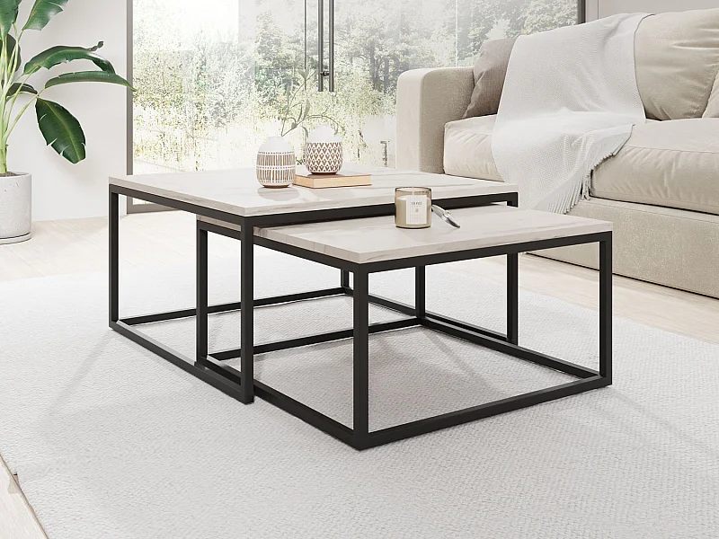 Rechteckige Quadratische Satztische Couchtische mit Schwarz Gestell - Loft Style Couchtische Metallbeine - 2in1 - Zwei Getrennte Tische für Wohnzimmer - Marmor Weiß