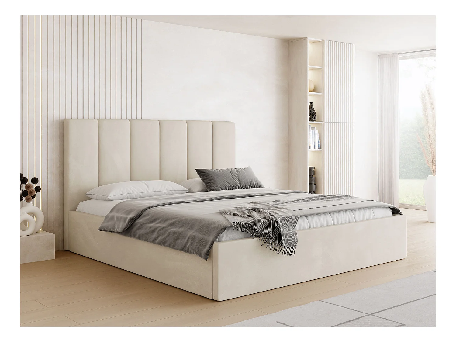 Lit capitonné 180x200 Crème Velours avec coffre – Cadre de lit moderne avec rangement – Amira Slim