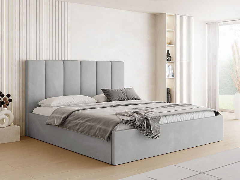 Polsterbett 200x200 mit Bettkasten, Lattenrost – hohe Kopfteil, Samt Stoff – Modernes Doppelbett mit Stauraum – Bettgestell, ohne Matratze – Amira Slim – Grau