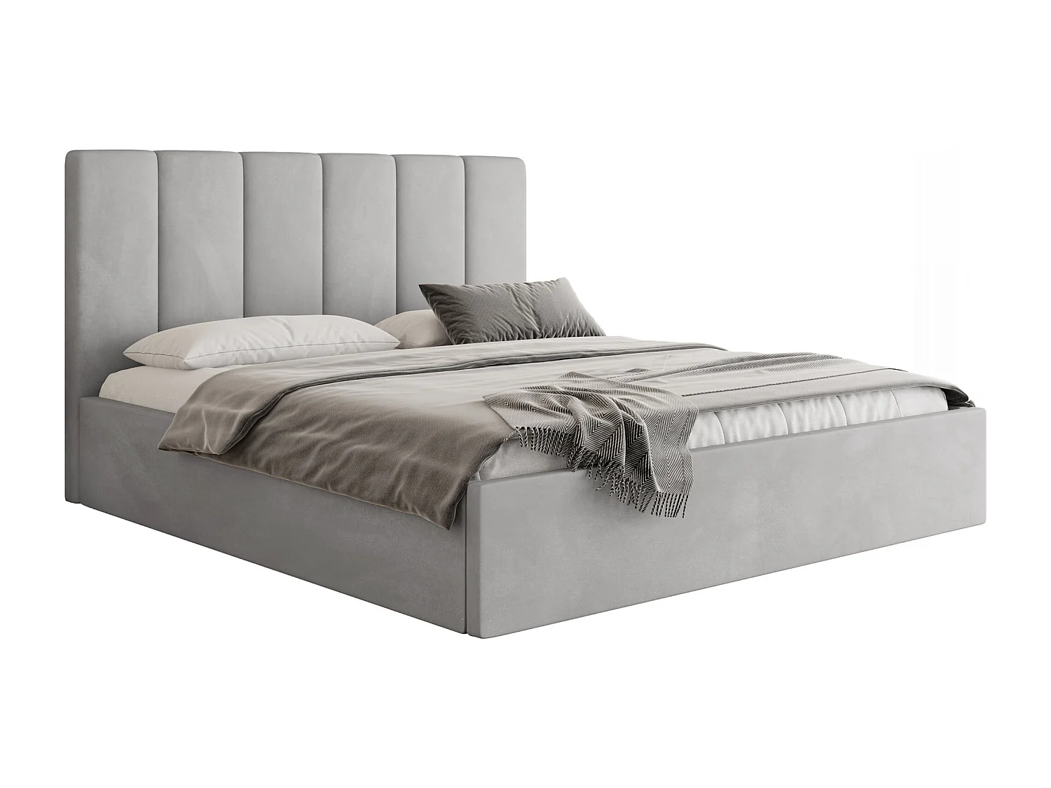 Polsterbett 200x200 mit Bettkasten, Lattenrost – hohe Kopfteil, Samt Stoff – Modernes Doppelbett mit Stauraum – Bettgestell, ohne Matratze – Amira Slim – Grau