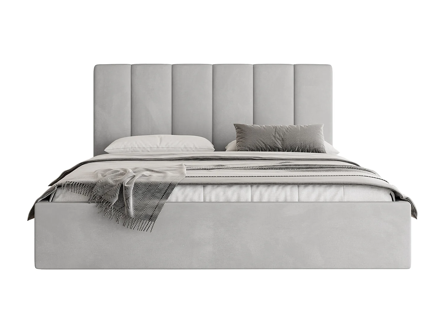 Polsterbett 200x200 mit Bettkasten, Lattenrost – hohe Kopfteil, Samt Stoff – Modernes Doppelbett mit Stauraum – Bettgestell, ohne Matratze – Amira Slim – Grau