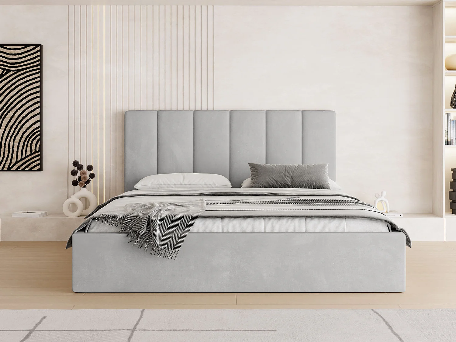 Polsterbett 200x200 mit Bettkasten, Lattenrost – hohe Kopfteil, Samt Stoff – Modernes Doppelbett mit Stauraum – Bettgestell, ohne Matratze – Amira Slim – Grau