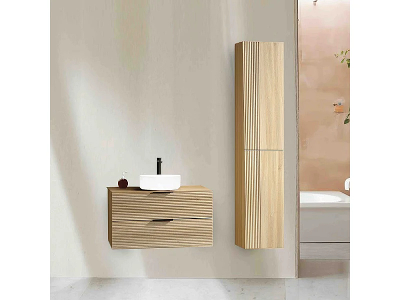 Ensemble salle de bain 100 cm chêne clair vasque à poser blanc mat Aqualinea