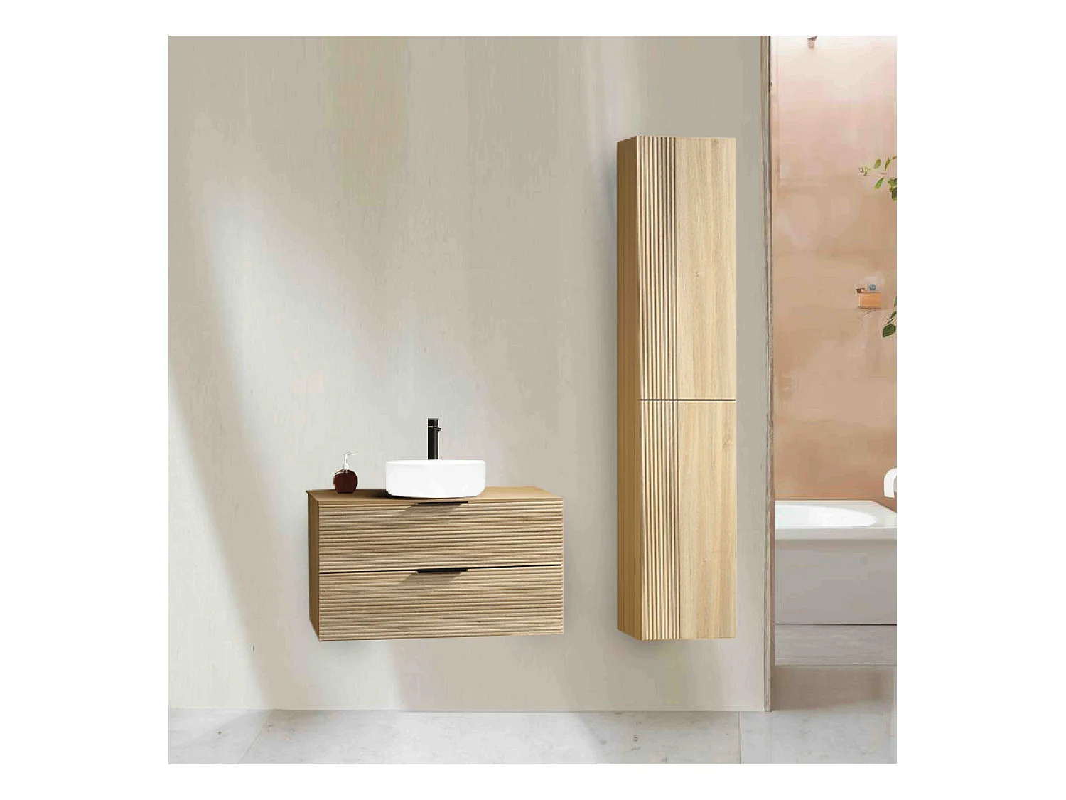 Ensemble salle de bain 100 cm chêne clair vasque à poser blanc mat Aqualinea