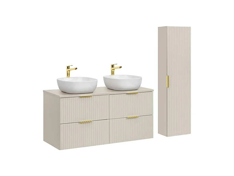 Ensemble de salle de bains NOXERA 120 cm – Marron congo – Double vasque + 4 tiroirs + colonne suspendue