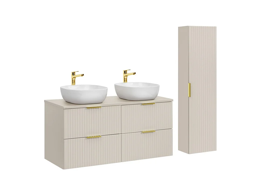 Ensemble de salle de bains NOXERA 120 cm – Marron congo – Double vasque + 4 tiroirs + colonne suspendue