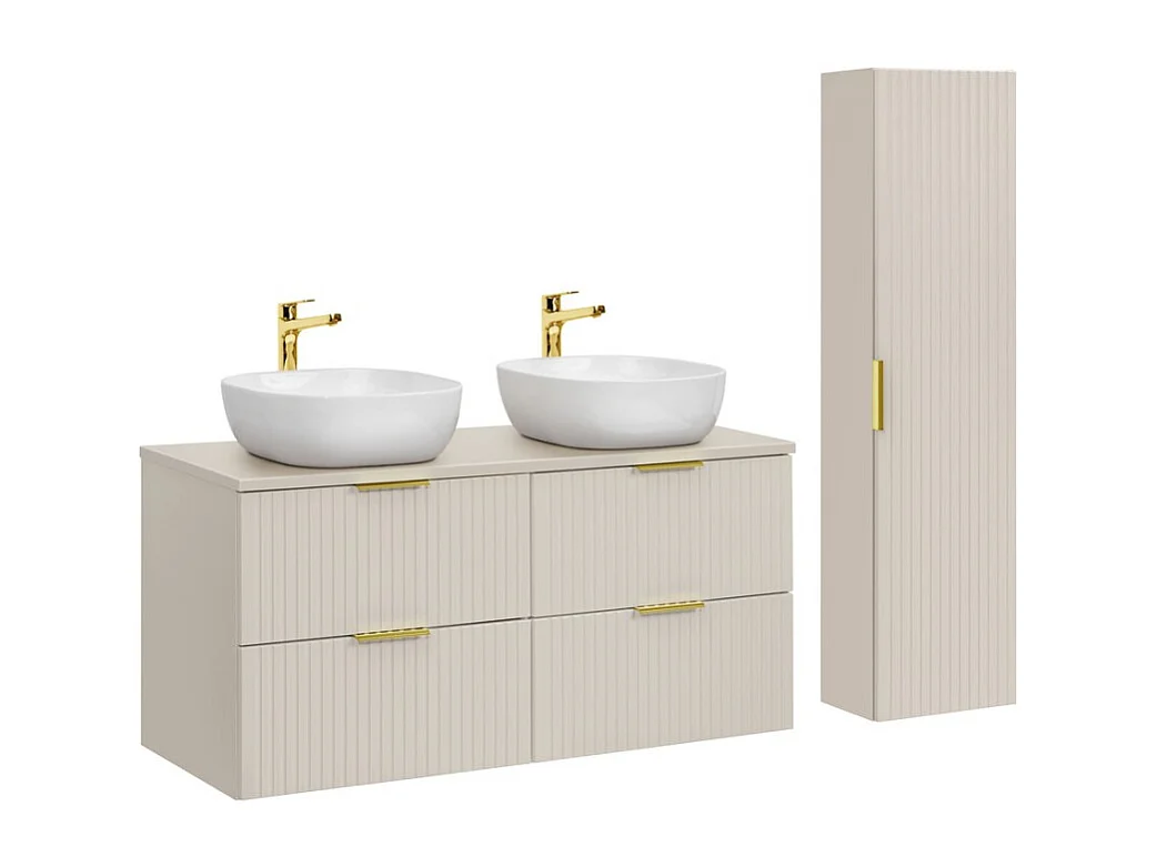 Ensemble de salle de bains NOXERA 120 cm – Marron congo – Double vasque + 4 tiroirs + colonne suspendue