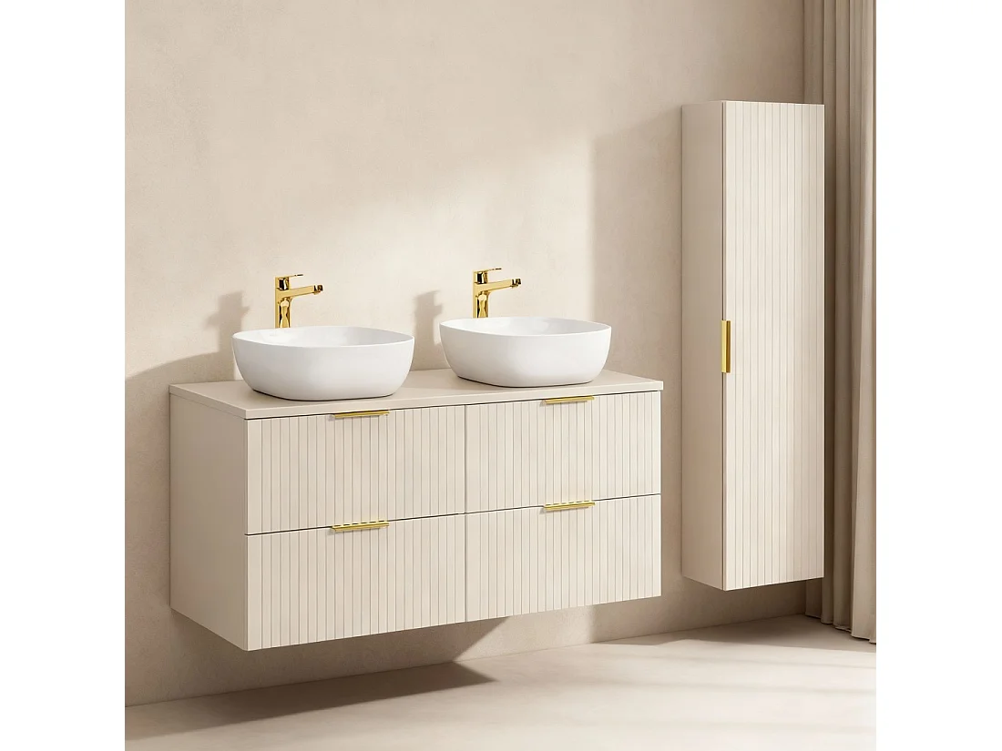 Ensemble de salle de bains NOXERA 120 cm – Marron congo – Double vasque + 4 tiroirs + colonne suspendue