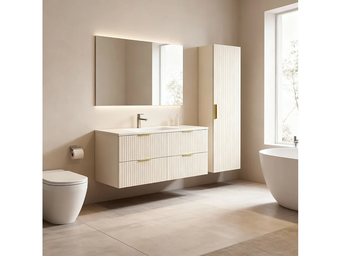 Ensemble de salle de bains NOXERA 120 cm – Marron congo – Plan vasque + 4 tiroirs + colonne suspendue