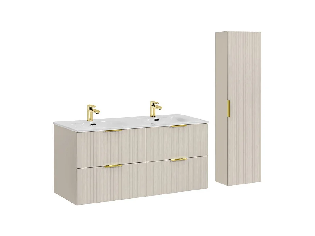 Ensemble de salle de bains NOXERA 120 cm – Marron congo – Double vasque + colonne suspendue